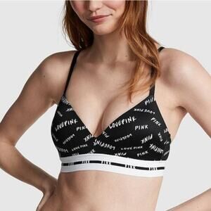 PINK Victoria's Secret Love Pink Wireless Lightly Lined Bra Black White Size 34D